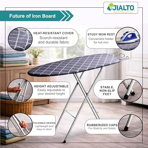 Image of JIALTO Vertical Ironing Board with 16 mm Metal Bracket, Adjustable Height Stand, Pure Cotton Cloth Cover, Foldable Iron Board for Home (Fashion Grid, A0-1 - 111 L X 30 W CM)