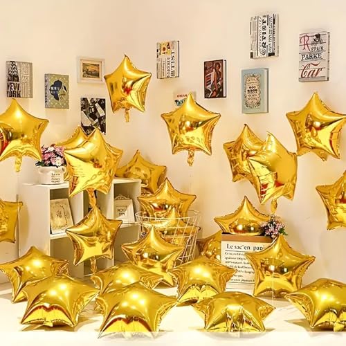 Image of Party Propz Golden Star Foil Balloons For Birthday Decoration - Pack of 25 Pcs Foil Star Balloons For Decoration | Golden Curling Ribbon | Gold Foil Balloons For Decoration | Gold (Foil)