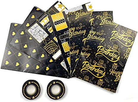 Gift Wrapping Paper Set 6 Sheets 3 Styles Happy Birthday Wrapping Paper Roll with 2 Rolls 5M Gold Silk Ribbon Black Gold Wrapping Paper Sheets 70 × 50cm