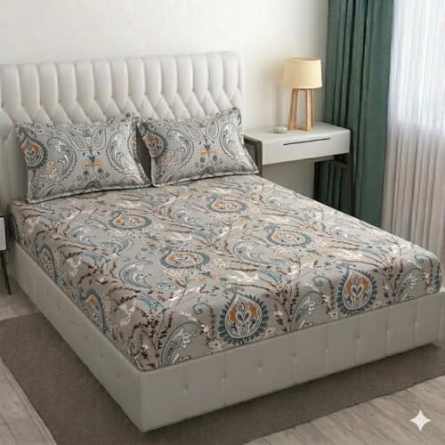 Image of Cotton Bolls Textiles Glace Cotton Flat Bedsheet 90x90 Inch with 2 Pillow Covers - Soft Breathable Glace Cotton, Printed Bedding Set for Double Bed