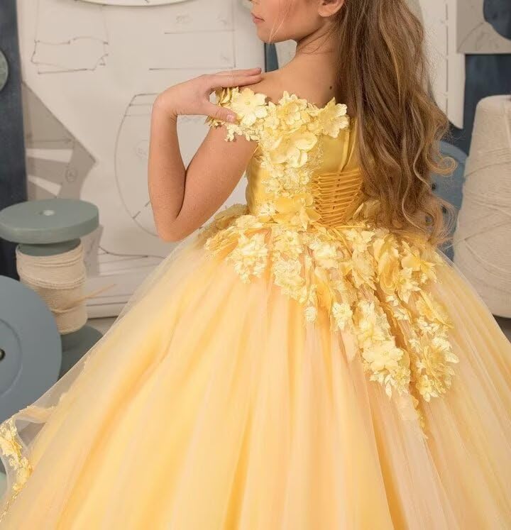 Tulle Flower Girl Dress for Girls Off Shoulder Princess Pageant Dresses 3D Floral Formal Ball Gown
