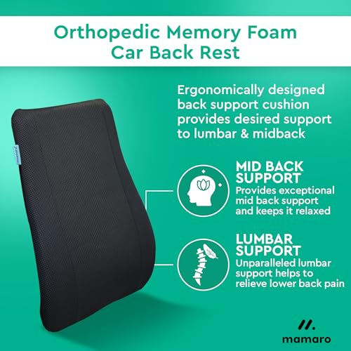 Image of Car Seat Back Cushion with Memory Foam Lumbar Support, Ergonomic Pillow for Back Pain Relief & Spine Alignment, Ideal for Long Drives & Office Chairs - Fits All Car Seats (Black)