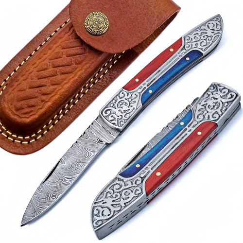 DKS Traders Premium Damascus Pocket Knife for men - Engraved Steel Damascus Folding Knife With Sheath - Gift for Hunting & Camping - EDC Knife for Outdoor Collection (Red & Blue)