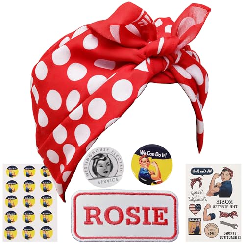 Rosie The Riveter Costume Kit Bandana Name Patch Pin Badges Stickers and Tattoos 1940s Woman Historically Accurate Dress-Up Accessories