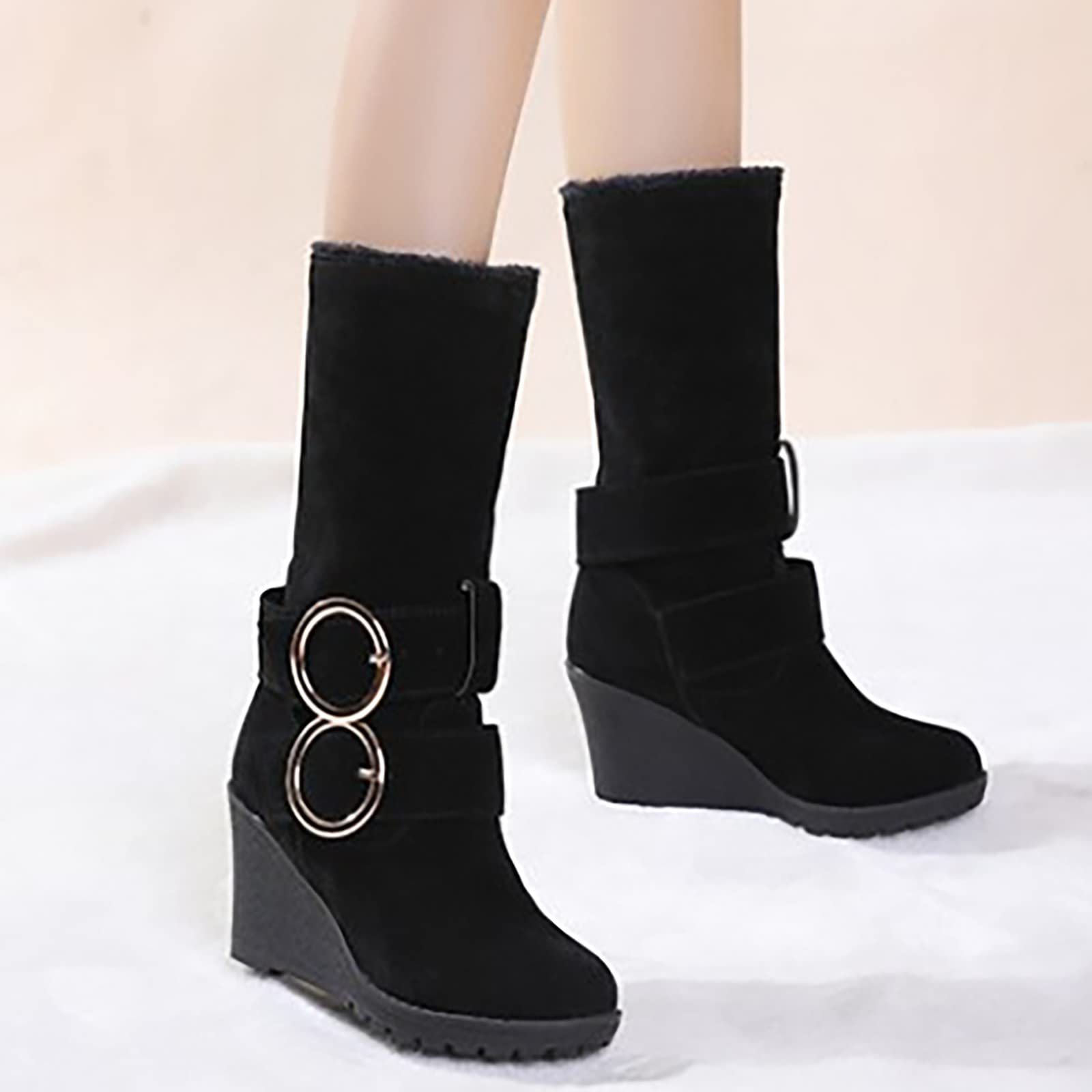 Scarpe Invernali 2026 Stivali Corti Smerigliati Autunno e Inverno da Donna Fibbia Per Cintura Tacco Inclinato Neve Addensati In Peluche Stivaletti