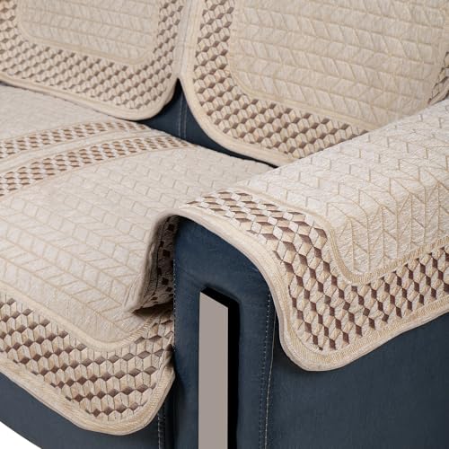 Image of Premium Chenille Woven Anti-Slip 2 Seater Sofa Cover with Arm Rest | L-Shape Sofa Seat Protector for Living Room | Durable & Stylish Slipcover - Beige 3D