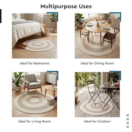 Image of Encasa XO Reversible Round Rug Handwoven Natural Fiber Carpet Braided Area Rug | Neutral Boho Rug for Living Room, Bedroom, Nursery | Washable Area Rug Two Tone | Beige & Off-White (60 cm) | 2 Ft