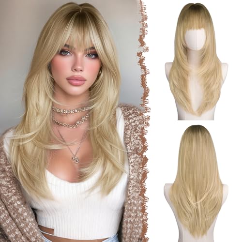 FESHFEN Peruca lisa com franja - perucas loiro longo e retas com camadas para mulheres natural sintética peruca comprida para uso diário em festas, 60 cm loiro gradiente