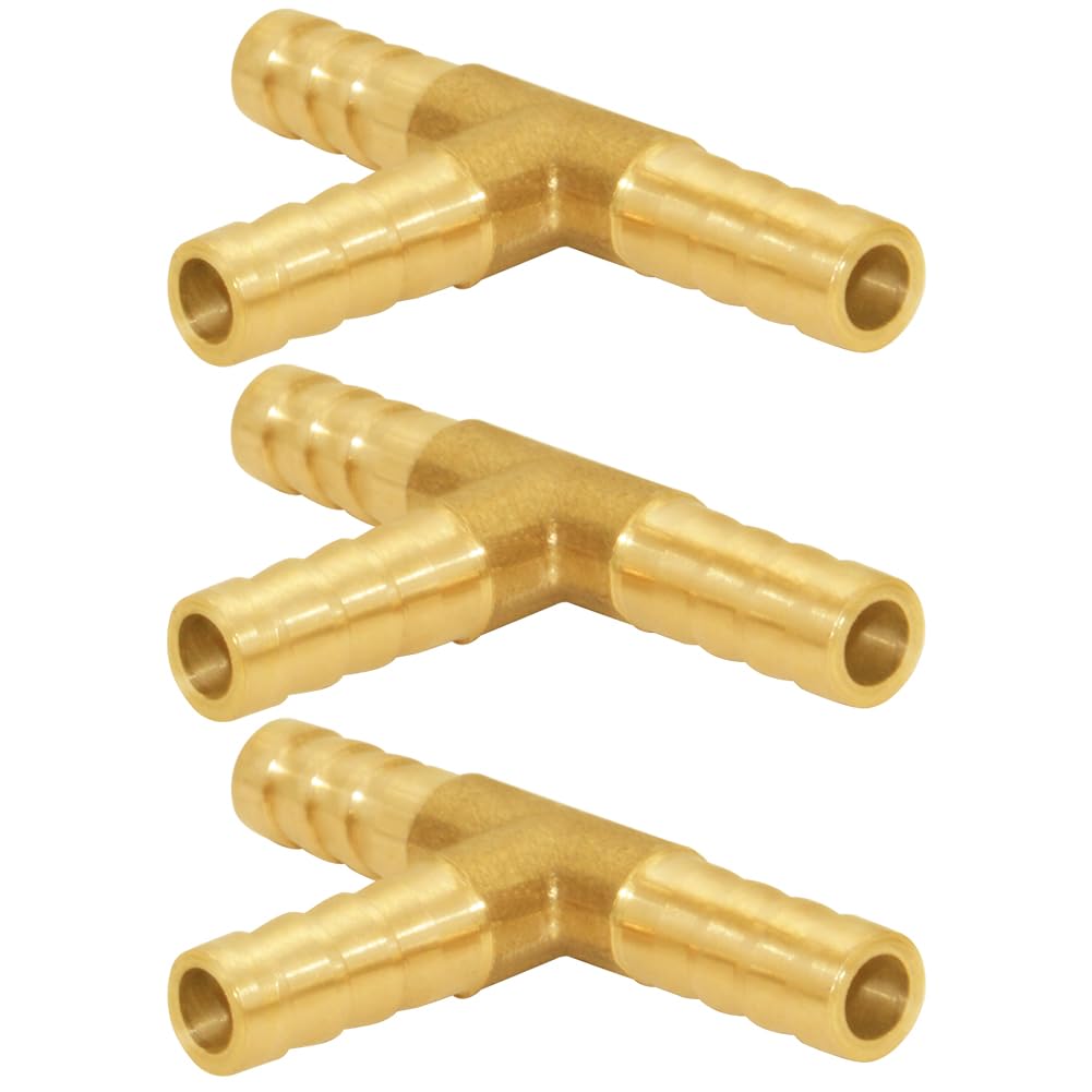 Uenede 3PCS Solid Brass 3/8"OD Barb Tee Splicer Mender Hose Barb Fitting 3-Way Union Intersection for Water/Oil/Gas
