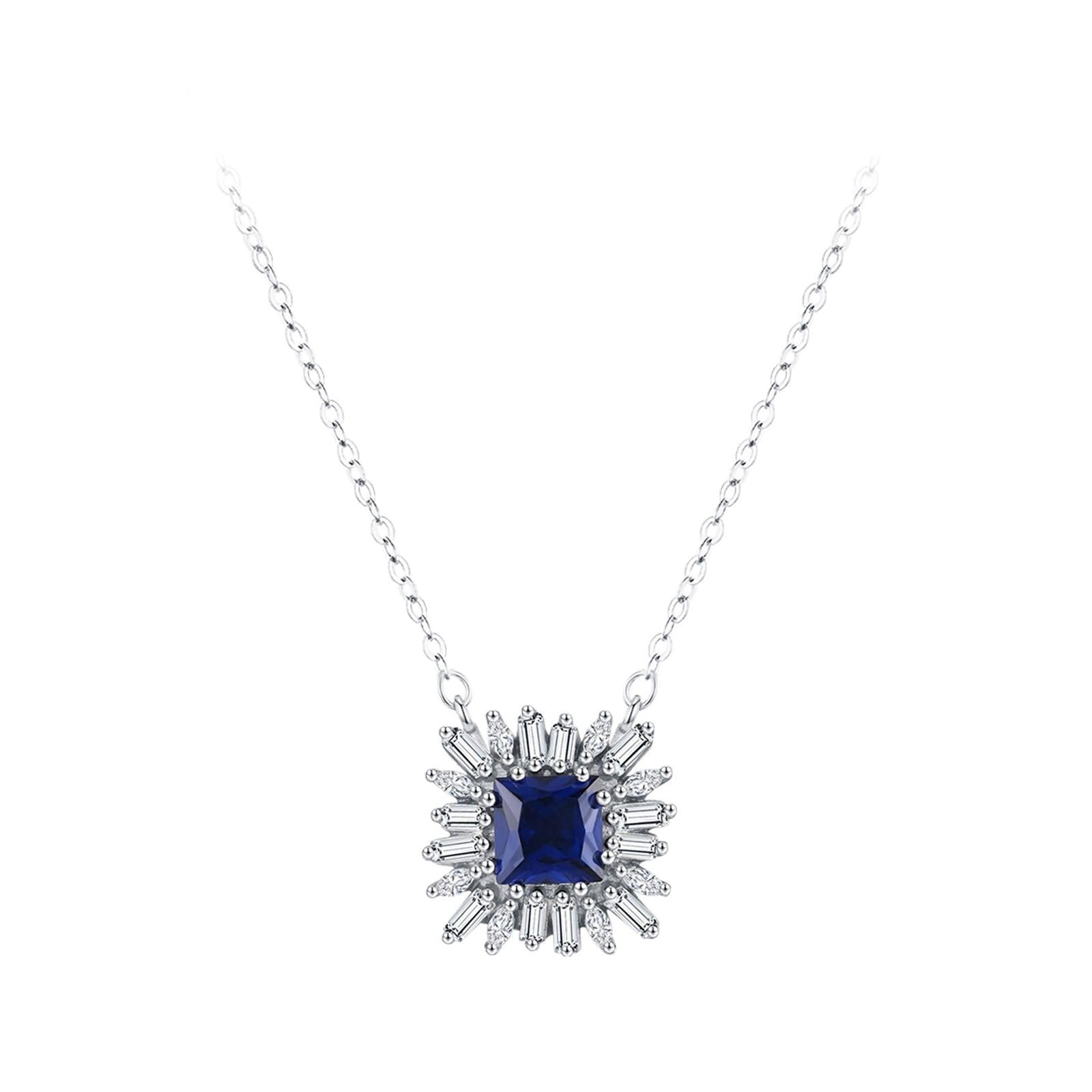 9K / 14K / 18K White Gold Necklace Women, Flower & Square with Created Sapphire and Moissanite, Pendant Silver Blue Women's Necklace