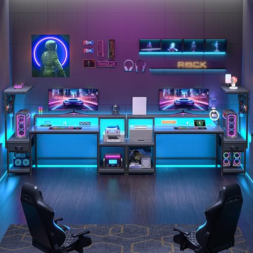 Image of DurayLoly 55 inch Gaming Desk with LED Lights & Outlets,Computer Desk with Drawers & Monitor Stand,Gaming Table with 3 Storage Shelves, Hooks& Printer Space for Game&Study Room,Home Office,Bedroom,Black