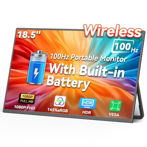 Image of HotYeah 18.5 inch 100Hz Wireless Portable Monitor w /Rechargeable 10000 mAh Battery, Support AirPlay Miracast, 1080P IPS Monitor USB-C HDMI External Display, 2nd Screen for Laptop MacBook PC Phone Tablet