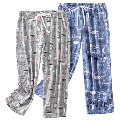 ENJOYNIGHT - ENJOYNIGHT Women's Capri Pajama Pants Cotton Lounge Bottoms Print Sleep Pants with Drawstring(X-Large,Blue+Coffee)