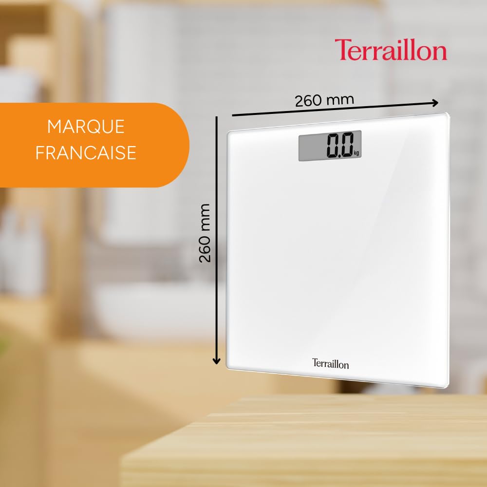 TERRAILLON - Bilancia Pesapersone Digitale TSQUARE BIANCO- Compatto e ultra piatto 26 cm x 26 cm - Vassoio vetro-ampio schermo LCD-capacità 180 kg - Graduazione 100 g - Bianco