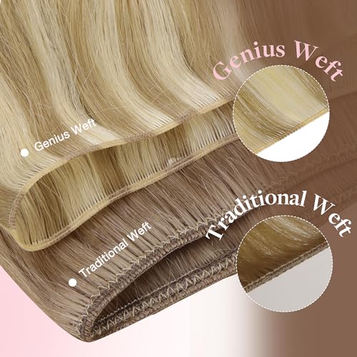 Image of GOO GOO Genius Weft Hair Extensions Human Hair, Sew In Weft Extensions, Seamless Blend & No Bulk Flat, Natural Volume for Women, 18A /613A Dark Blonde Highlighted Bleach Blonde 14 Inch 50g
