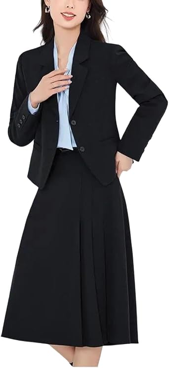 Womens Professional Business Suit Set Long-Sleeve Single-Breasted Short Blazer and High-Waisted Pleated Midi Skirt