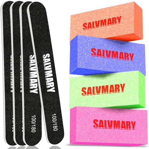 SALVMARY Nail File and Buffer Set - 4 Pcs Emery Boards and 4 Pcs Sanding Blocks with 100/180 and 80/100 Grit for Natural Acrylic and Gel Nails