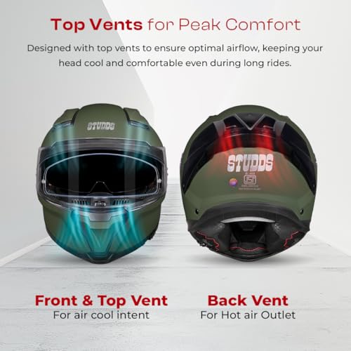 Image of STUDDS Helios ISI and DOT Certified Full Face Helmet with Antifog 100 Lens, Sporty Spoiler (Military Green - L)
