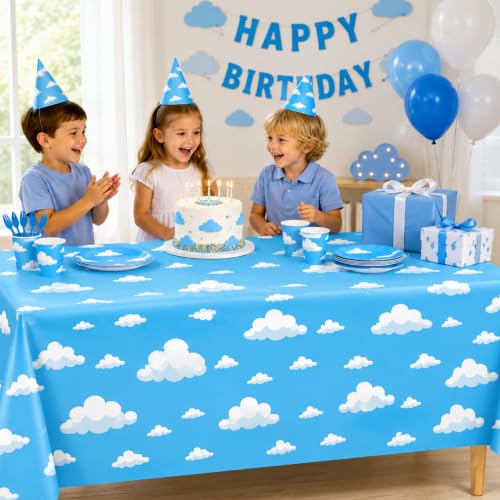 Image of 4 Pack Blue Sky Cloud Plastic Tablecloths, 54 x 108 in, Disposable Covers