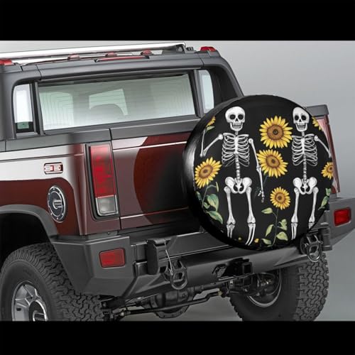 Image of Spring Sunflower Skeleton Spare Tire Cover,Cute Funny Skull Wheel Protectors Weatherproof Universal Fit for Trailer RV SUV Truck Camper Trailer Travel Outdoor,15 inch