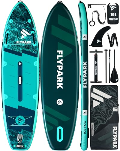FLYPARK 11'x35'' Family Stable Inflatable Paddle Boards, Extra Wide SUP Paddleboard Inflatable, 430lb/3 People, Stand Up Paddle Board for Adults, 5 Handles, Shoulder Strap, 10L Dry Bag, Pump