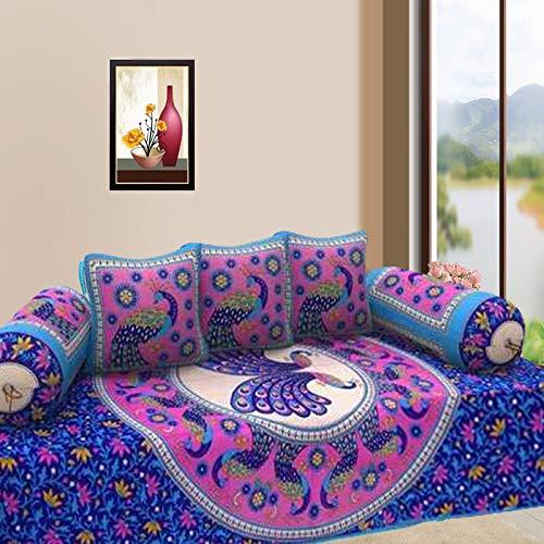 Cotton DIWAN Set with Single Bed Sheets 2 Bolster and 3 Cushion Cover (Standard, Blue)-picture-14