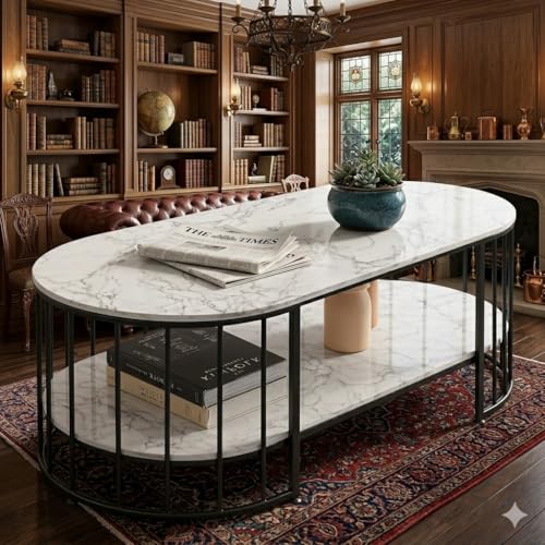 Image of Shoppee Rectangular Coffee Table Modern 2-Tier Center Table with Marble Finish Top Gold Metal Frame Stylish Sofa Table Elegant Cocktail for Living Room /Drawing /Dining Room (Black & Black)