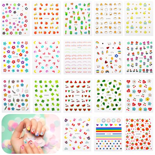 18 Blatt Nagelsticker Süß, Nagelaufkleber Selbstklebend, Nagellack Kinder, Fingernägel zum Aufkleben Kinder, Blätter Tiere Pflanzen Früchte Nail Sticker Deko für Nagelstudio Mädchen