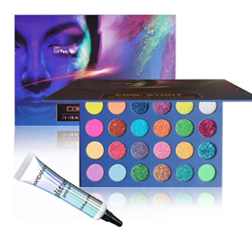 Meicoly Neon Glitter Eyeshadow Palette,Uv Glow Blacklight Pressed Mineral Ultra Halloween Makeup Pallets With Eyeshadow Primer,Eyeshadow Base,Glitter Primer,Shimmer Matte Bright Colorful Eye Shadow Palette,24 Colors #TOP19