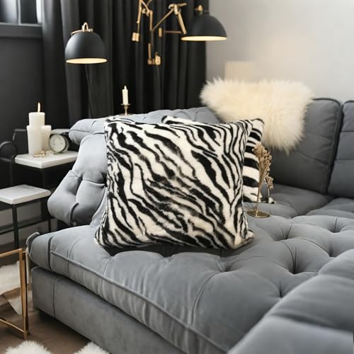 Image of Square Stripe Pillow Cover Faux Fur Zebra Throw Pillows 20x20 Black White
