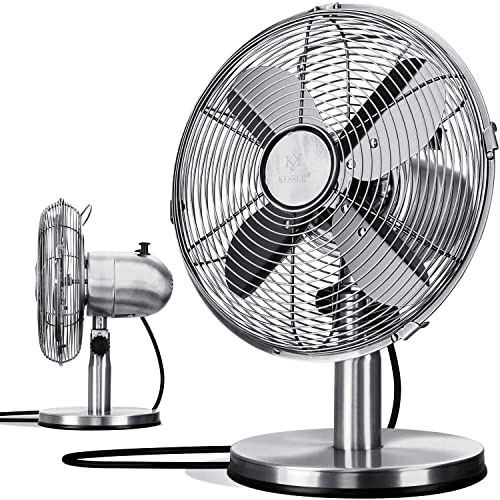 KESSER® Ventilateur de table au design rétro, entièrement métallique, Oscillation à 80Ḟ Ventilateur silencieux avec 3 vitesses commutable | Machine à vent | Angle d'inclinaison 40Ḟ, argent