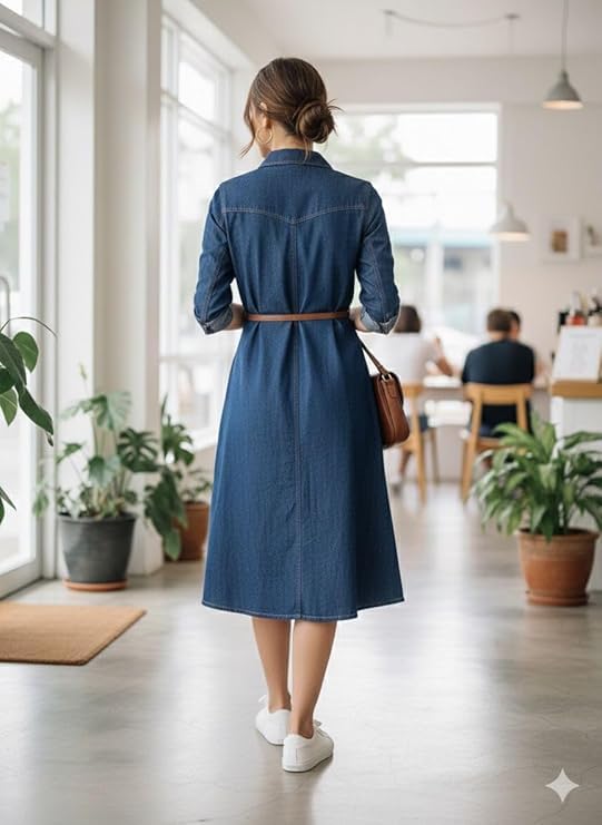 Image of BOOSTY Women's Denim Maxi Shirt Dress, Long Sleeve Button Down Midi Dress with Collar