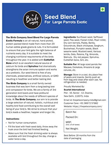 Image of The Birds Company Exotic Seed Blend of 20 Grains & Exotic Nuts, Fortified with Spirulina, Bird Food for Large Parrots, Amazon, Macaw, Cockatoo, 450 g