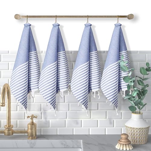 Image of Turkish Kitchen Towels 18x26 Inches with Tassels - 4 Pack - Absorbent, Durable, Soft 100% Cotton Dish Towels for Drying & Cleaning - Machine Washable, Quick Dry - Indigo Blue