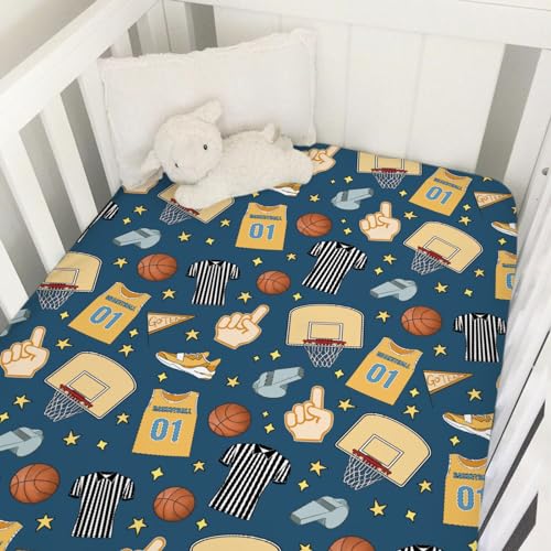 Image of Fun Basketball Baby Crib Sheet 52''x28'' Sports Snug Fitted Mattress Cover for Boy Girl Basketball Balls Hoop Uniform Soft Nursery Baby Sheets