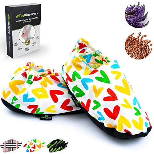 Zapatillas Térmicas de Semillas - Pantuflas Calientapiés Calentar en Microondas - Bolsa de Calor para Pies Fríos con Funda Lavable, Tela de Algodón 100% y Olor a Lavanda (L/XL, Corazones)
