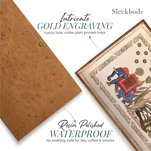 Image of Wooden Serving Tray Set of 3 | Enamel Coated Waterproof Rectangular Trays with Gold Engraving | Tea, Snacks & Dining Table Decor | Home & Kitchen Decorative Center Table Trays