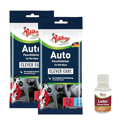POLIBOY Auto Feuchttücher - Staubtücher für Cockpit und Verkleidungen - Universale Autoputztücher - 2x 20 Tücher - Mit Produktprobe - Made in Germany
