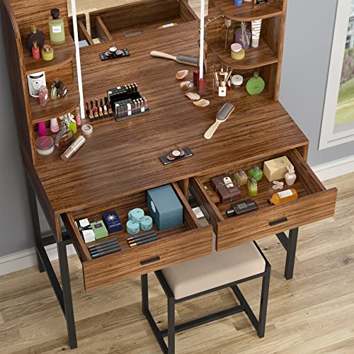 Aousthop Vanity Set With Lighted Mirror, Makeup Vanity Dressing Table With Led Lights, Storage Shelves, Cushioned Stool & 2 Drawers, Dresser Desk For Bedroom, Brown #TOP4