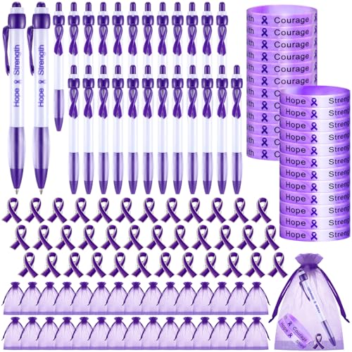 Image of Qilery 120 Pcs Purple Ribbon Awareness Items Gifts Set - Alzheimer's Lapel Pins, Epilepsy Awareness Bracelets, Domestic Violence Pens, Organza Bags for Lupus Pancreatic Cancer Survivor Event Charity