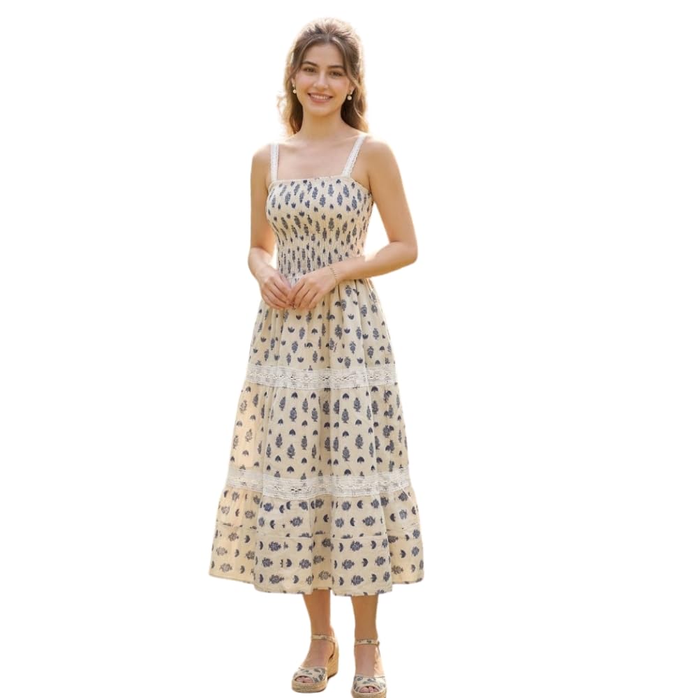 Women's Beige Block Print Dress for Women | Smocked Bodice Sleeveless Women Summer Dress | Tiered Short One Piece with Pockets | Casual Stylish Lace Dress Short for Women (S)-image-17