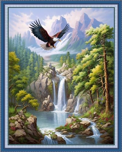 Image of DMCVIVR Stamped Cross Stitch Kits for Beginners Adults Needlepoint Kits for Beginners Embroidery Kits for Adults Crossstitch Kit for Beginners 11CT-Forest Waterfalls 16x20 inch