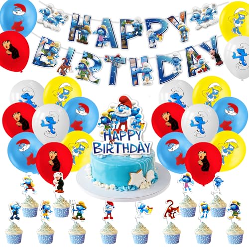 Blue banners Lot de 32 décorations d'anniversaire Schtroumpfs - Ballons de dessin animé - Kit de décoration d'anniversaire pour enfants, garçons et filles - Décoration de fête à thème Schtroumpfs