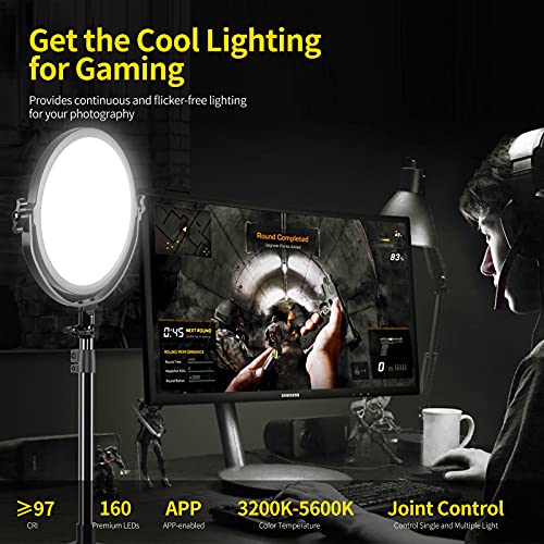 Image of GVM Desk Mount LED Video Light, 10'' Round Key Light with Built-in Diffuser and LCD Display, Bi-Color Professional Light for Game /Studio /Streaming /YouTube Video Shooting, APP Control CRI 97+