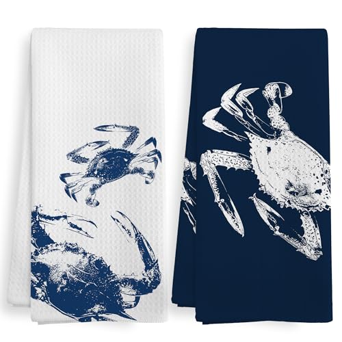 XNXLDYLH Coastal Crab Beach Decor Dish Hand Tea Towels for Bathroom Kitchen, Blue Crab Ocean Nautical Beachy Bathroom Decor, Coastal Nautical Kitchen Towels and Dishcloths Sets of 2, 16x24 Inches