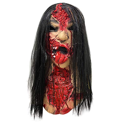 Halloween Horror Mask Zombie Female Ghost Blood Scary White Black Hair Realistic Full Face Latex (Black Hair)