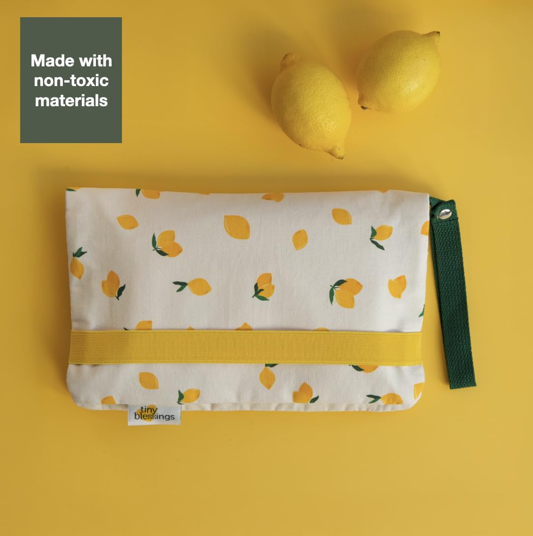Tiny Blessings Borsa per pannolini – Borsa per pannolini da viaggio, nastro di chiusura extra forte, passante per trasporto/appendere, lavabile e con molto spazio, organizer per bambini, Lemons