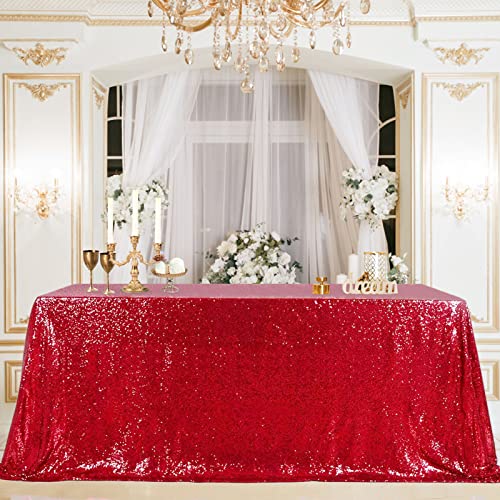 Image of B-COOL Rectangle Sequin Tablecloth Christmas Red Table Cloth 60x102inch Seamless Wedding Red Sequin Fabric Linens Overlay for Mother's Day Valentines Decoration