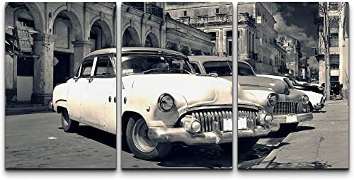 wall26 - 3 Piece Canvas Wall Art - Panoramic View of Shabby Old Havana Street with Vintage Classic American Cars - Modern Home Art Stretched and Framed Ready to Hang - 24"x36"x3 Panels