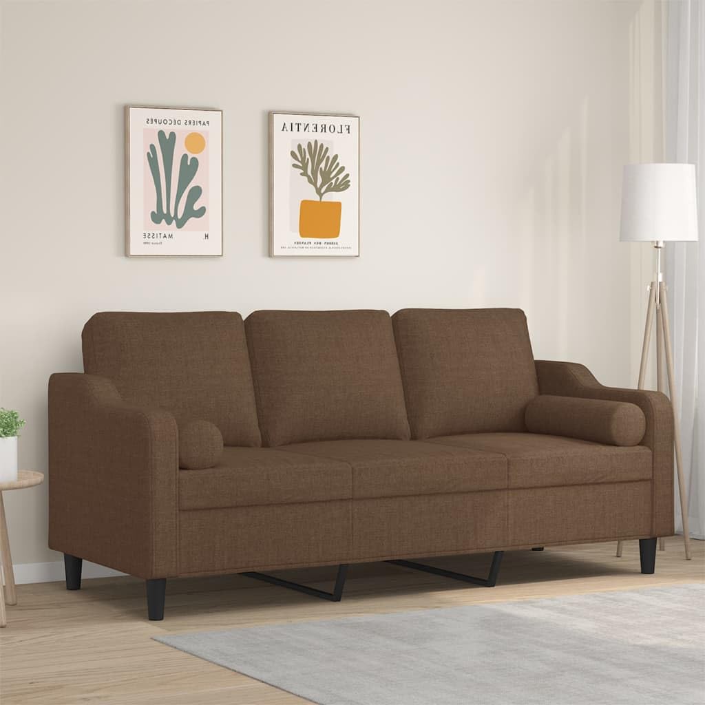 Sofa 3-osobowa, brązowa, szerokość siedziska 180 cm, obicie materiałowe, nowoczesne wzornictwo, metalowy stelaż, zdejmowane poszewki na poduszki, do salonu, przytulna